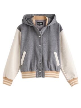 Steve Madden Gray and Cream Hooded Varsity Jacket with Tan Trim